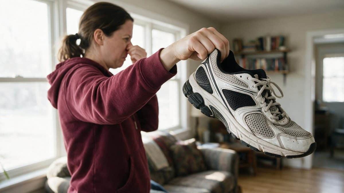 Woman pinching her nose while holding a running shoe out at arm's length