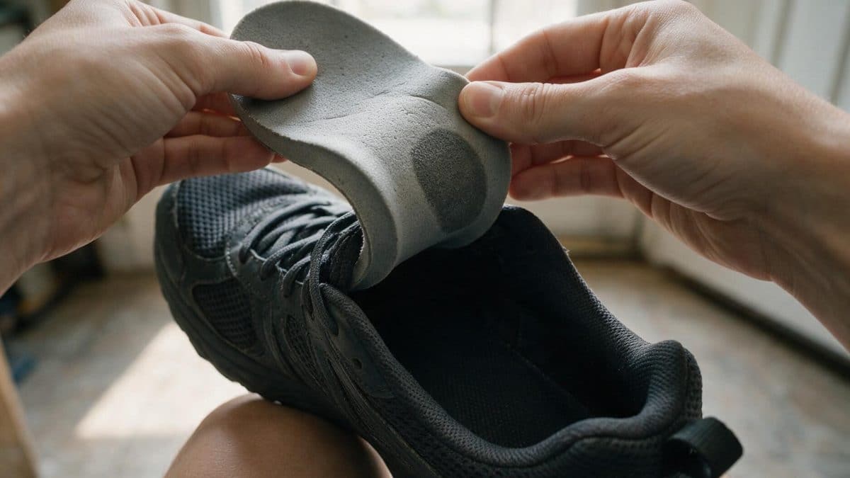 Hands lifting a grey foam insole out of a dark sneaker while seated indoors