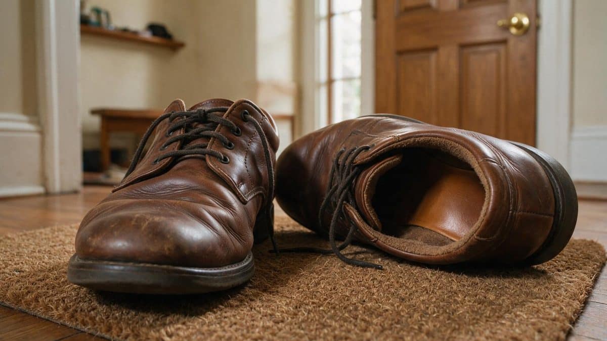 Worn lace-up shoes kicked off on a coir doormat inside a home entryway