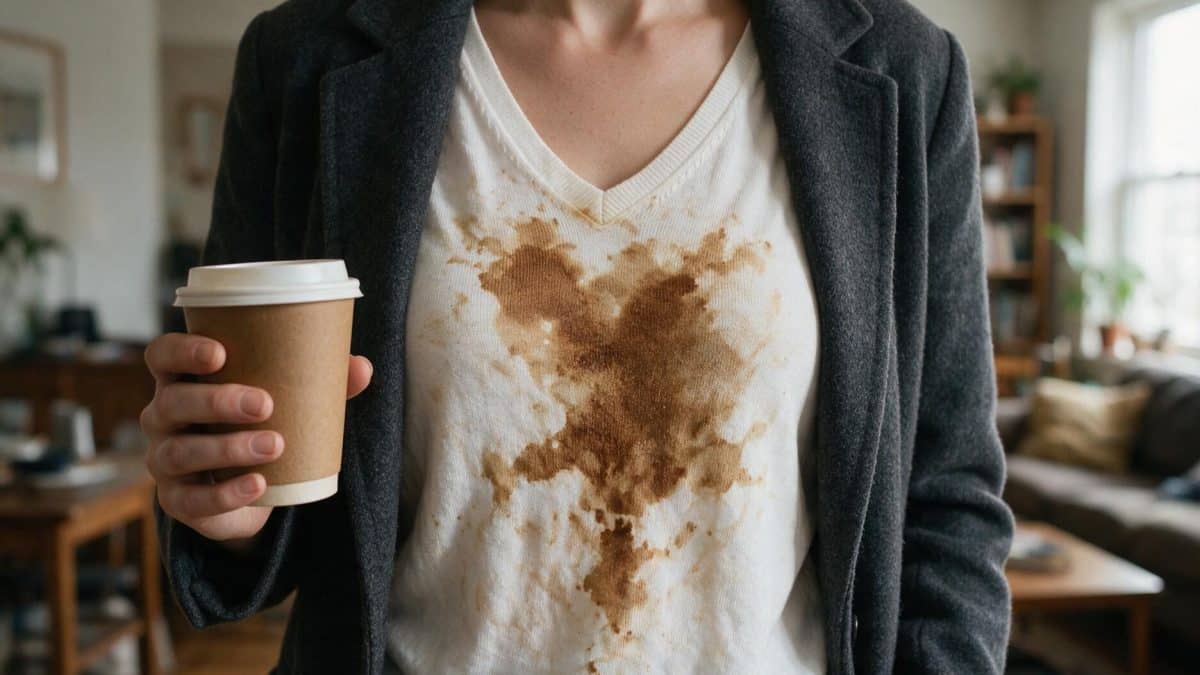 Woman holding a coffee cup with a large brown coffee stain on her white top