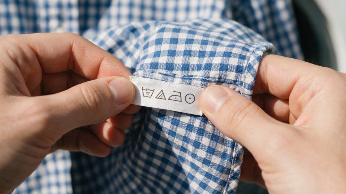 Hands holding the care label of a blue checked shirt showing printed washing symbols