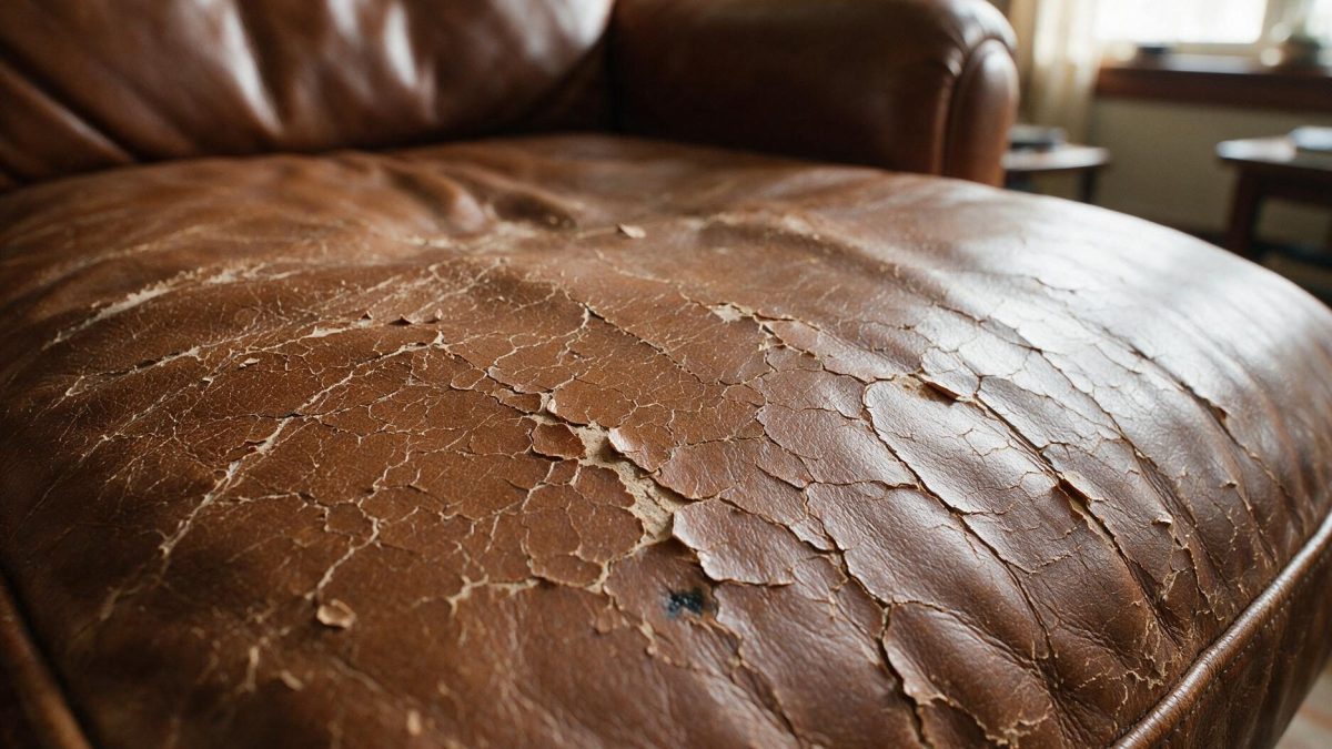 Close-up of a leather seat whose surface coating has cracked and split open