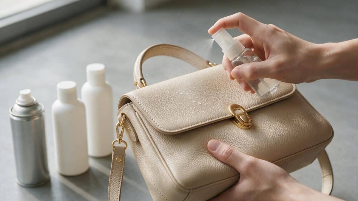 Hands treating the surface of a beige leather bag with a spray cleaner