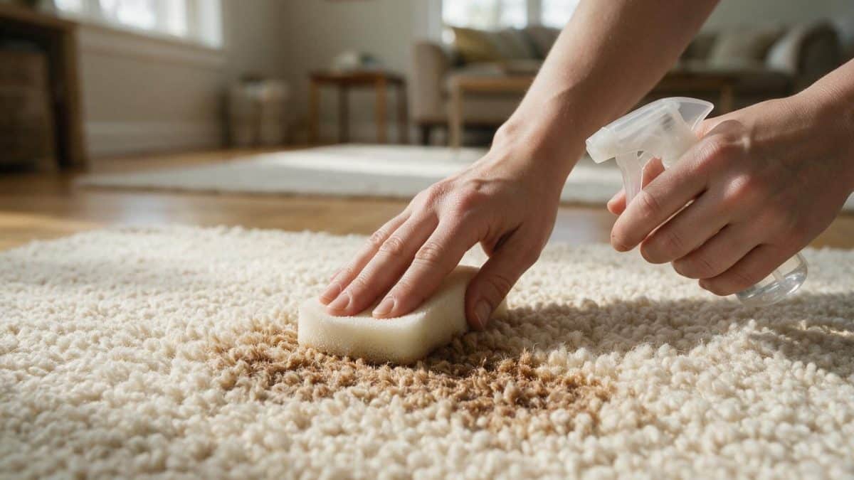 Hands pressing a damp sponge onto a brown stain while holding a spray bottle