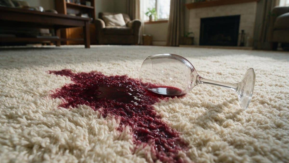 Tipped wine glass beside a fresh red stain soaking into a pale shaggy rug