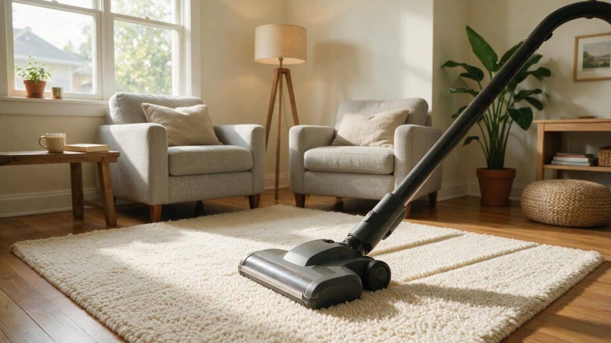 Upright vacuum head running over a cream area rug on a wooden floor