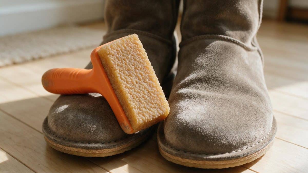 Rubber crepe suede brush resting on light wood beside a pair of grey suede shoes