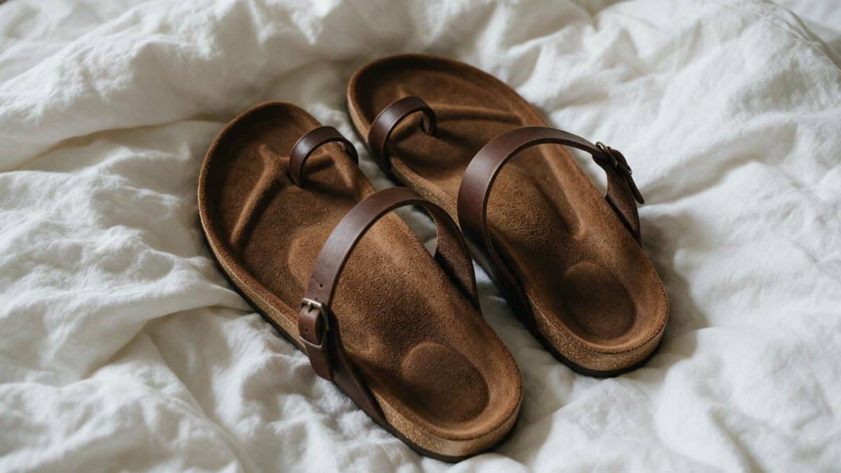 Pair of brown buckled toe-loop sandals with suede footbeds lying on rumpled white bed linen indoors