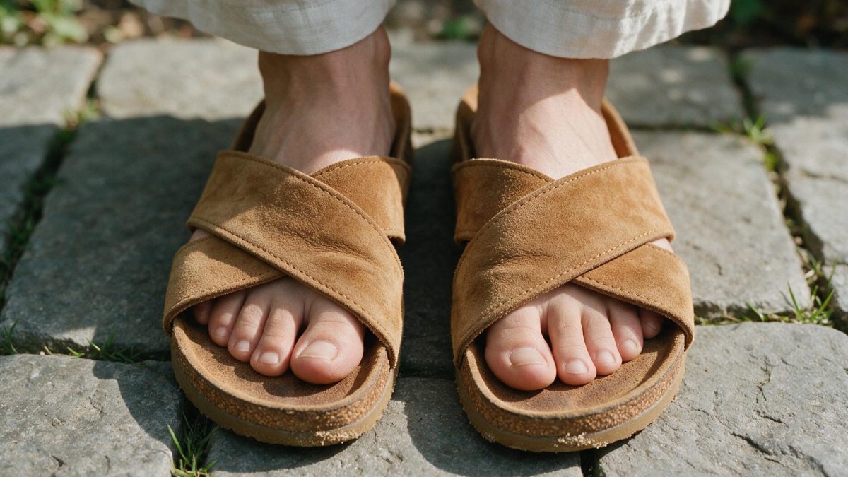 Wide tan suede sandal straps seen from above on stone paving