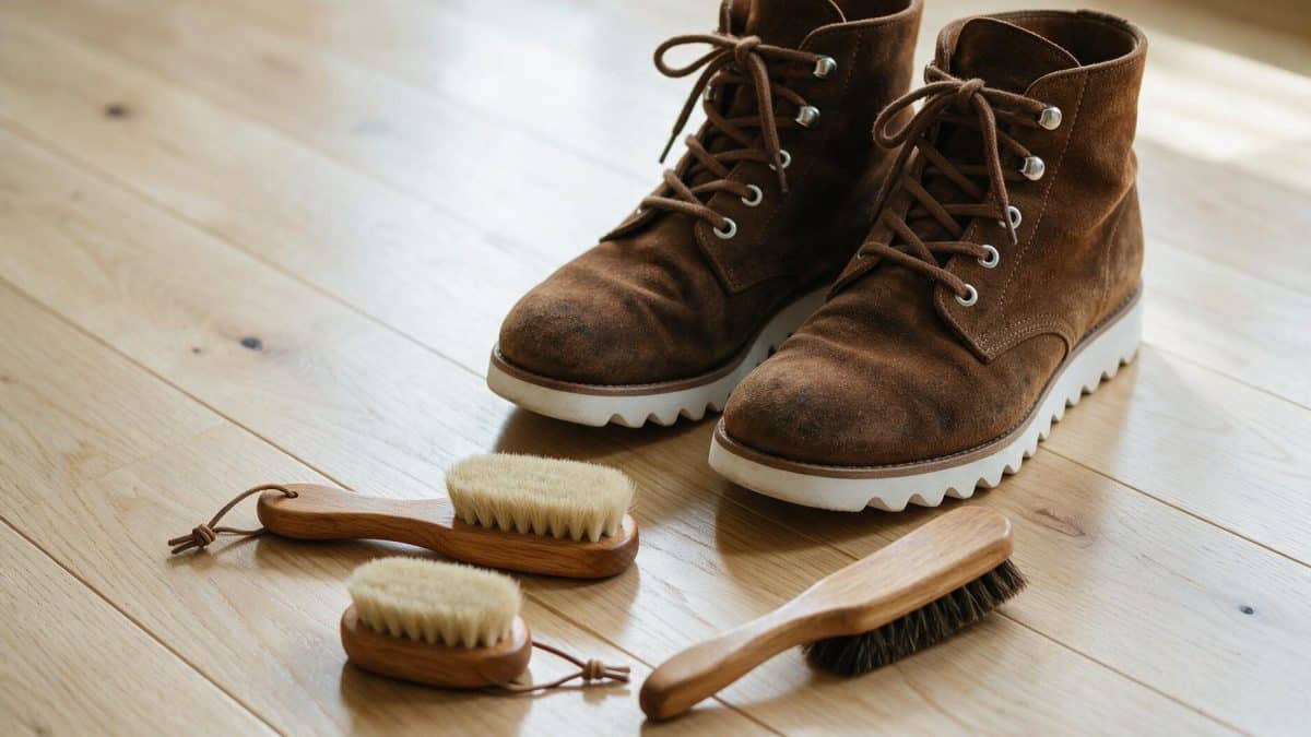 Brown suede boots on a light wooden floor beside three wooden-handled suede brushes