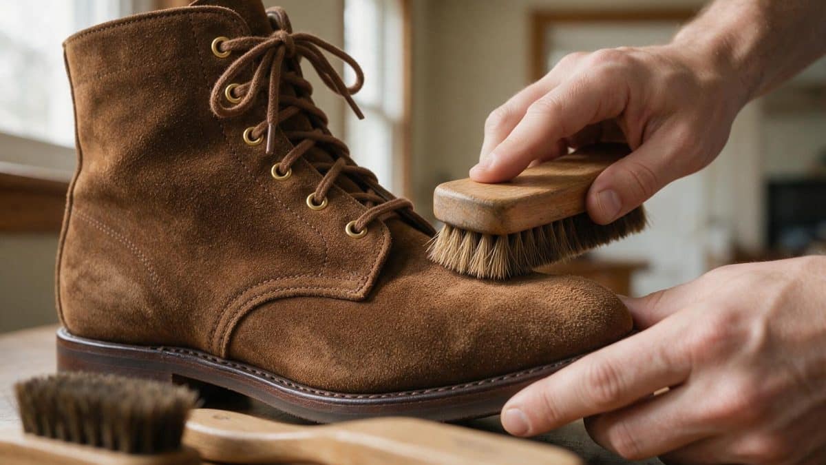 A hand sweeping a bristle suede brush across the toe of a brown boot