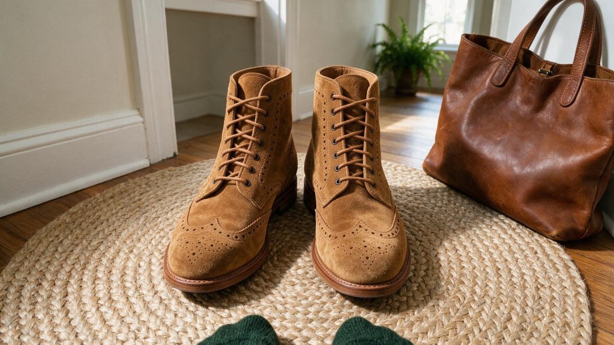 Tan suede lace-up ankle boots on a jute hallway rug beside a leather bag