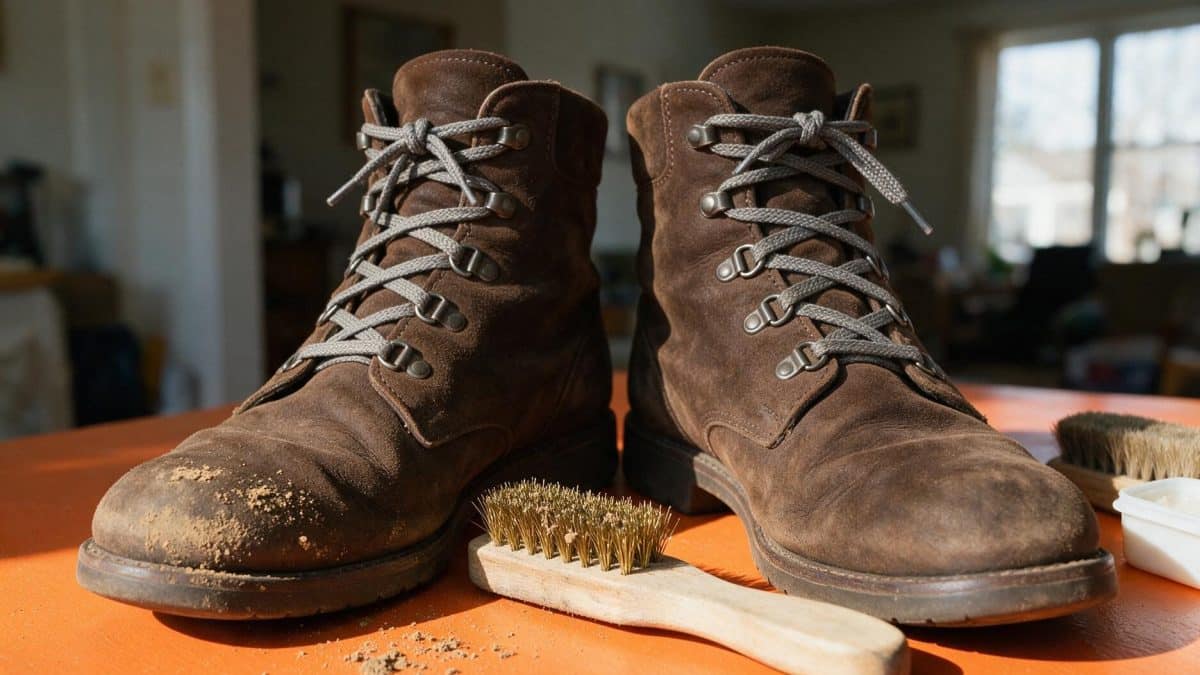Dark brown suede boots beside a wooden-handled suede brush