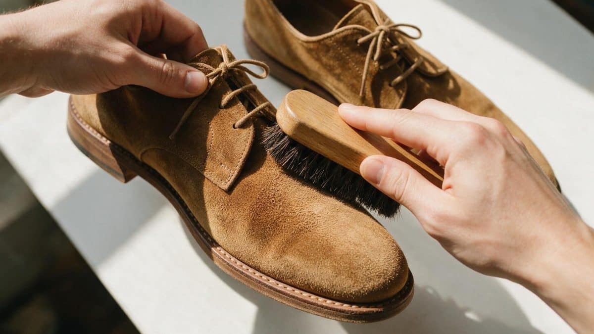 Two hands holding a tan suede shoe steady while brushing its upper with a suede brush