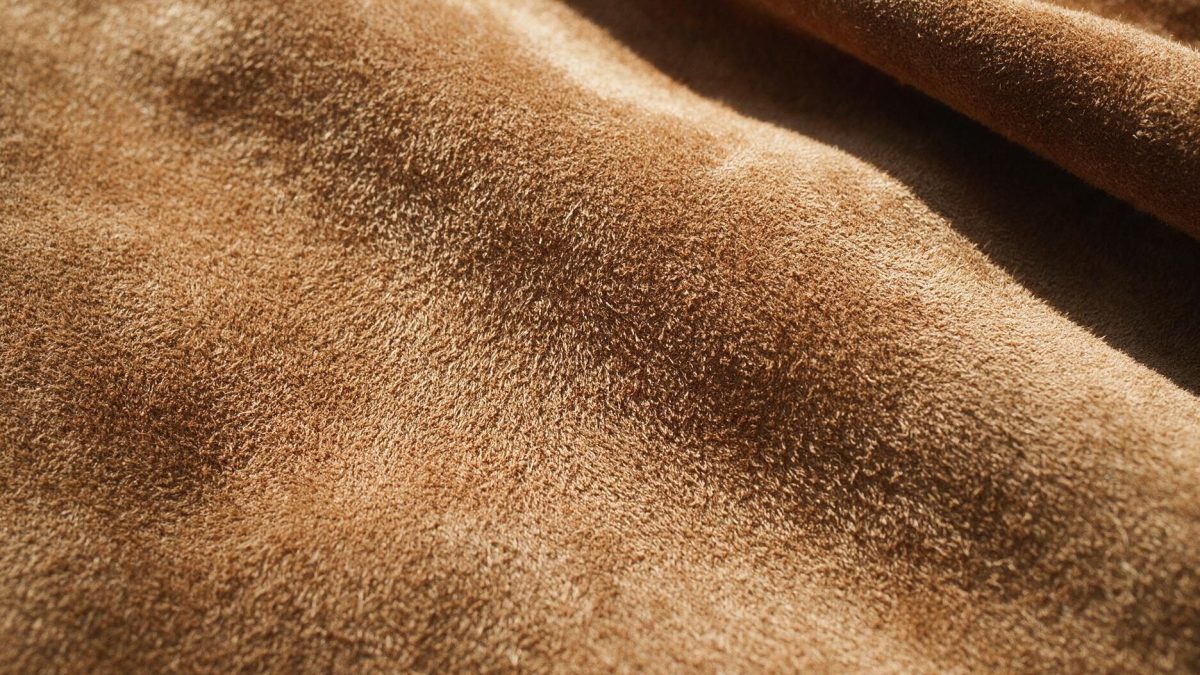Extreme close-up of brown suede showing short raised fibres and a shaded directional grain