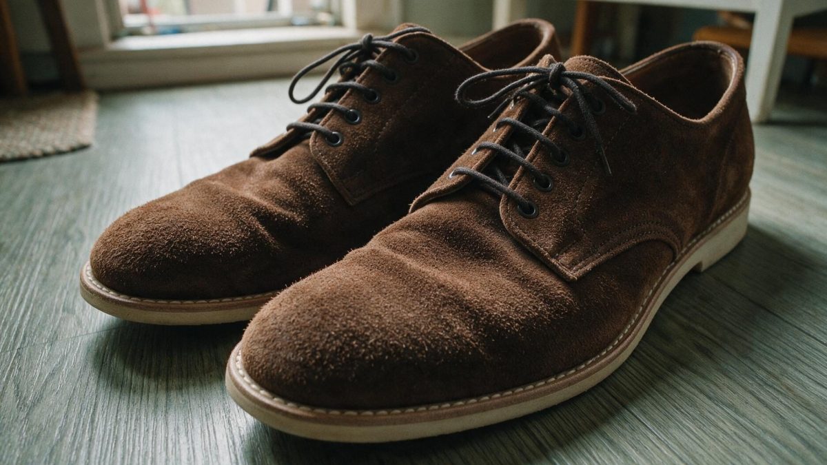 Close-up of a pair of brown suede lace-up shoes standing on a wooden floor