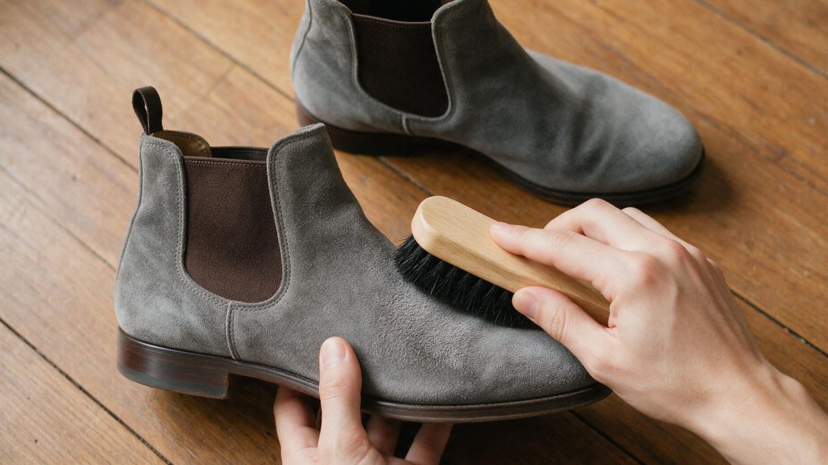 Hands hold a grey suede boot and brush its dry surface with a suede brush