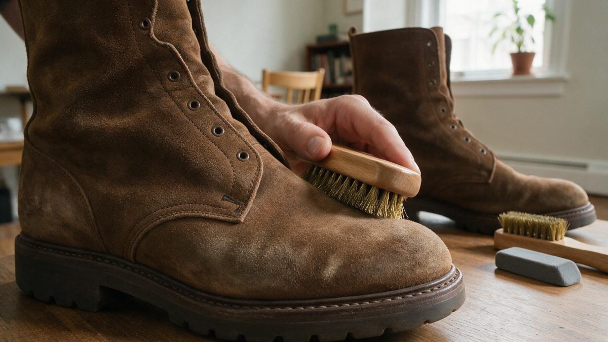 Hands working a wooden-handled brush across the dry suede upper of a brown shoe