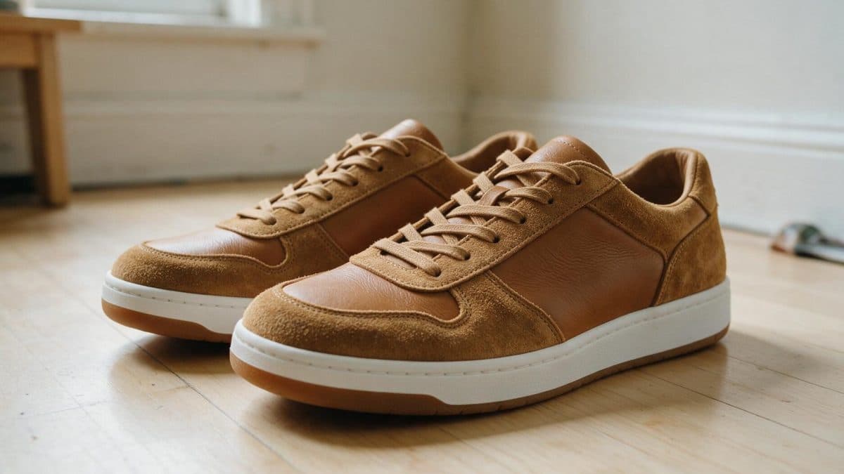 Pair of tan sneakers with napped suede panels, smooth leather panels and white rubber soles