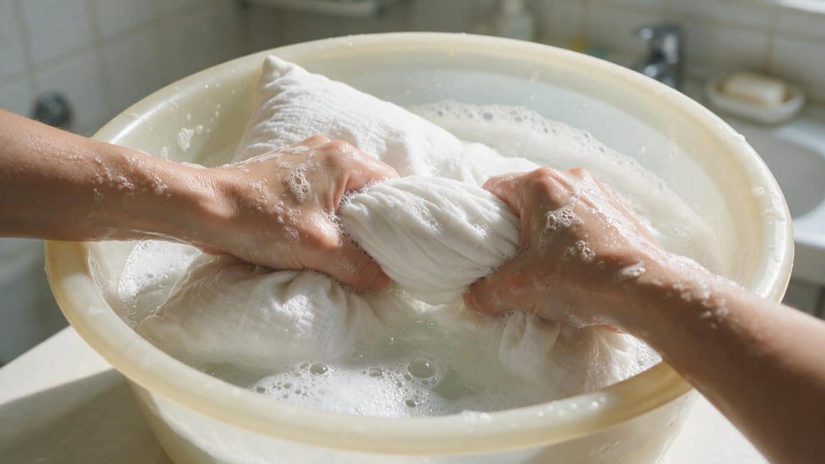 Hands squeezing a white fabric in a basin of foamy detergent water