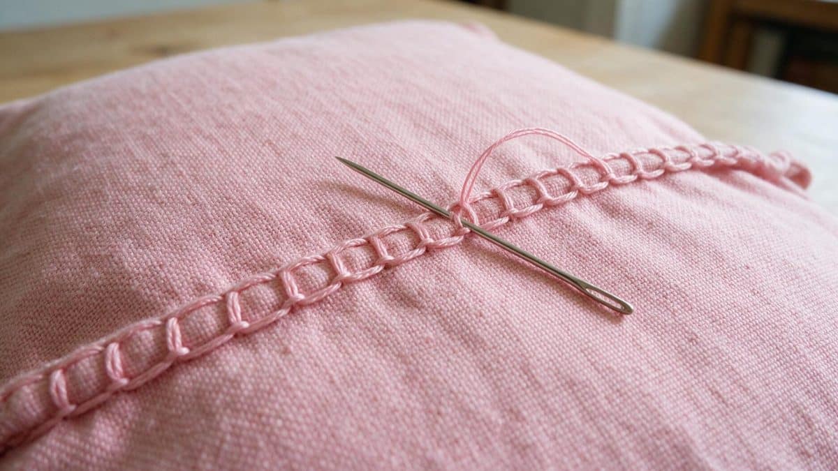 A threaded needle resting on the hand-stitched seam of a small pink cushion