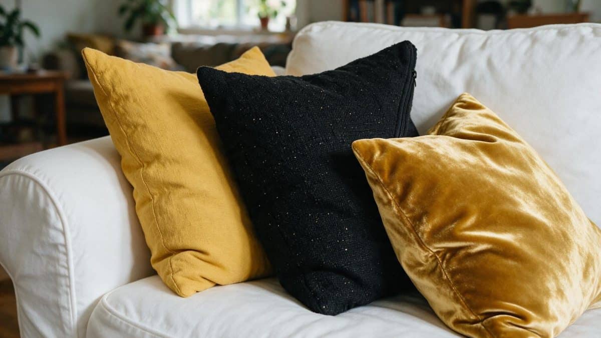 Three throw pillows in mustard, black and gold resting on a white sofa