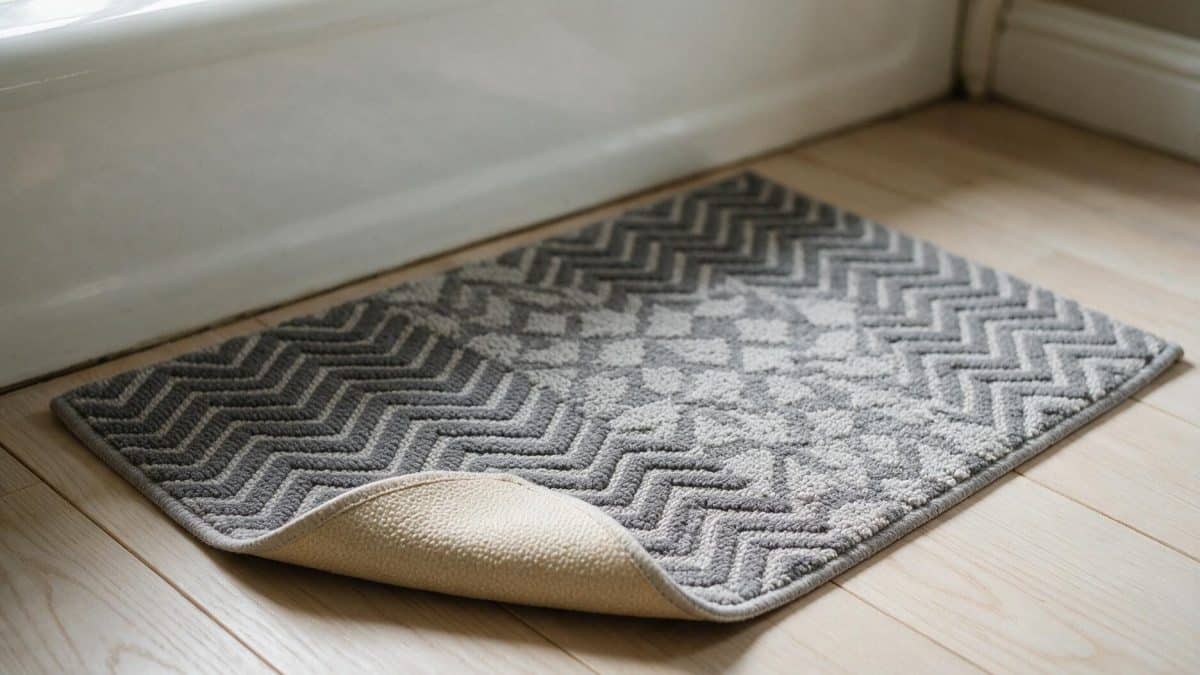Grey patterned throw rug lying on a pale wood floor beside a white bathtub
