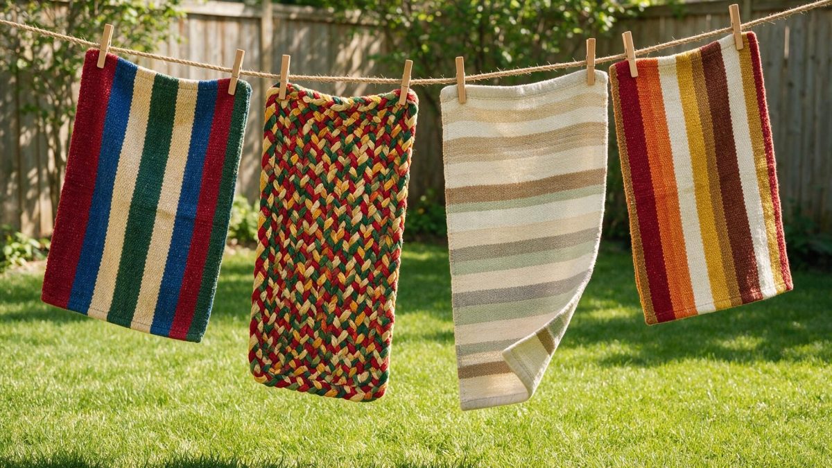 Four woven rugs pegged on an outdoor clothesline, drying in sunlight above grass