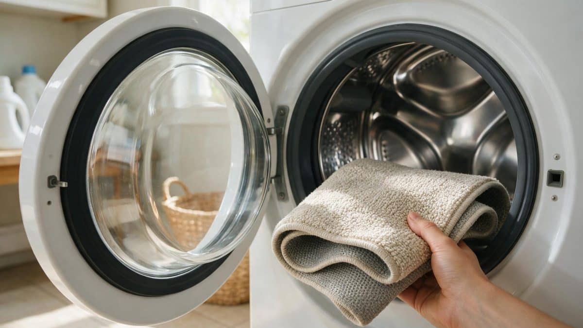 A hand pushes a bulky folded textile into the open drum of a front-loading washing machine