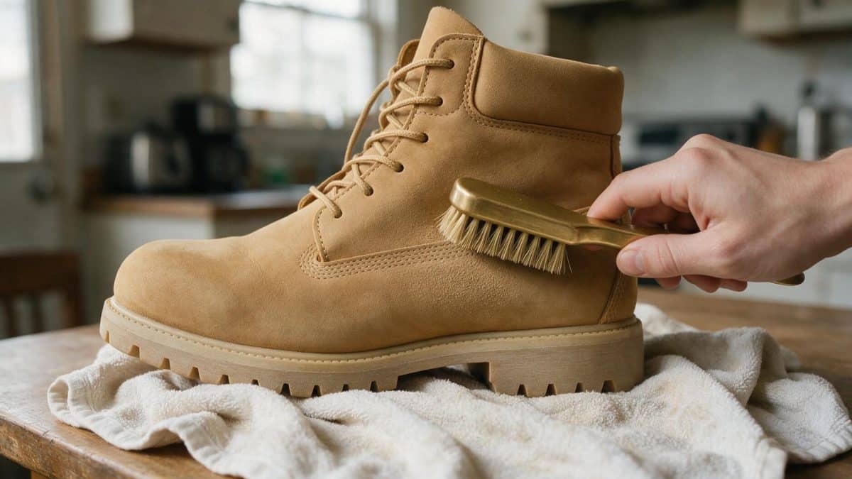 A hand brushing the side panel of a wheat nubuck boot with a stiff bristle brush