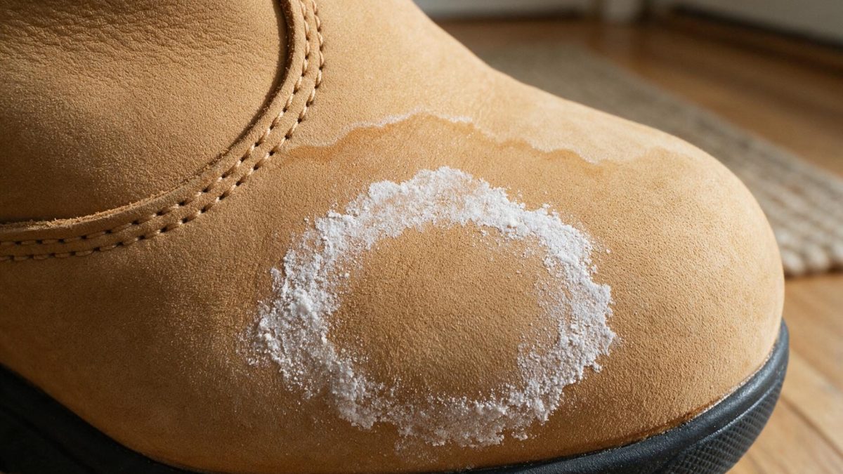 Close-up of a chalky white salt ring and a pale-edged water tide line on nubuck leather