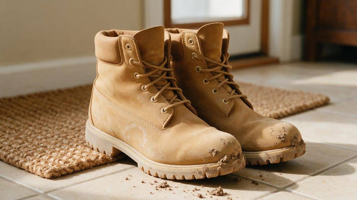 Pair of wheat nubuck six-inch boots on an entryway floor with dried mud flaking off the toes