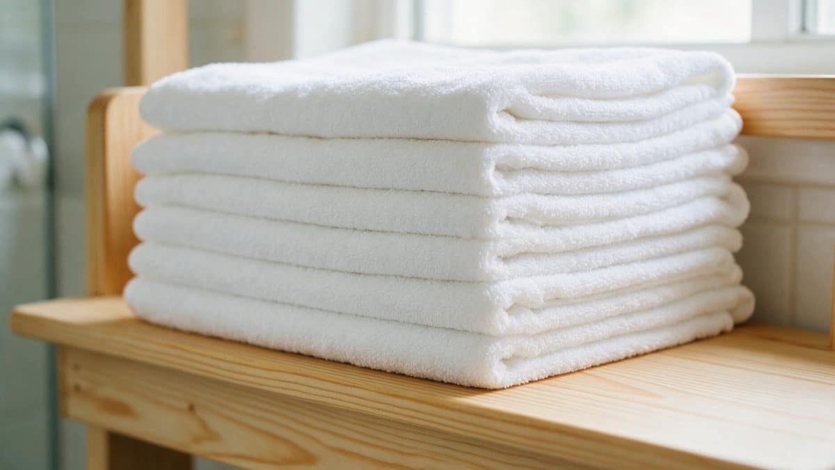 Stack of folded white cotton terry bath towels on a wooden bathroom shelf