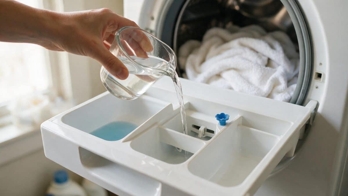 Hand pouring vinegar from a glass jug into a washing machine dispenser drawer, towels loaded