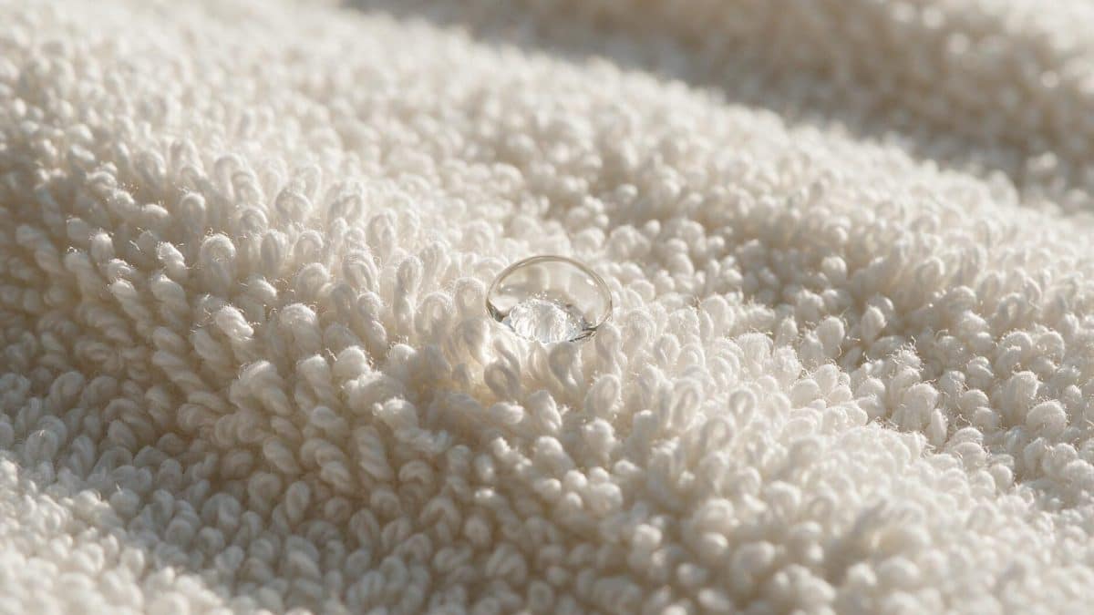 Single bead of water sitting on the surface of white cotton terry loops without soaking in