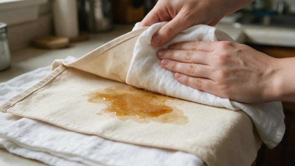 Hands pressing a white cloth onto cotton canvas folded back over an amber sap stain