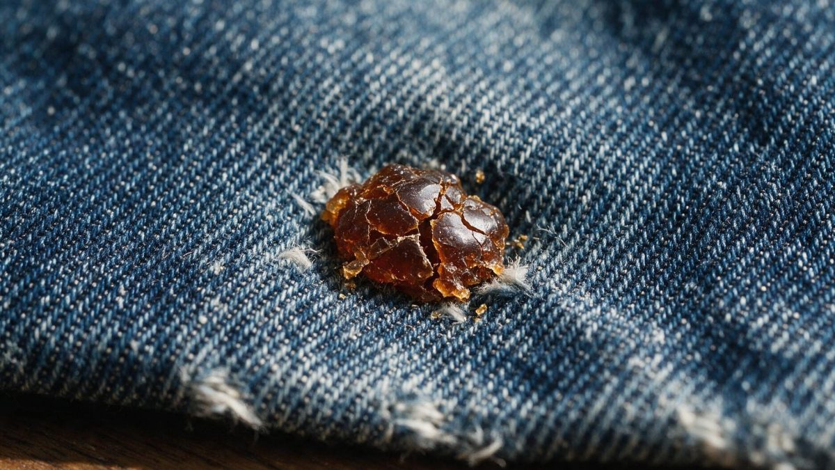 Hardened cracked amber resin embedded in the twill of indigo cotton denim
