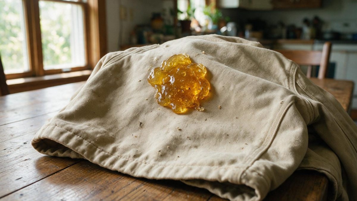 Sticky amber conifer resin blob on the shoulder of a cotton canvas jacket