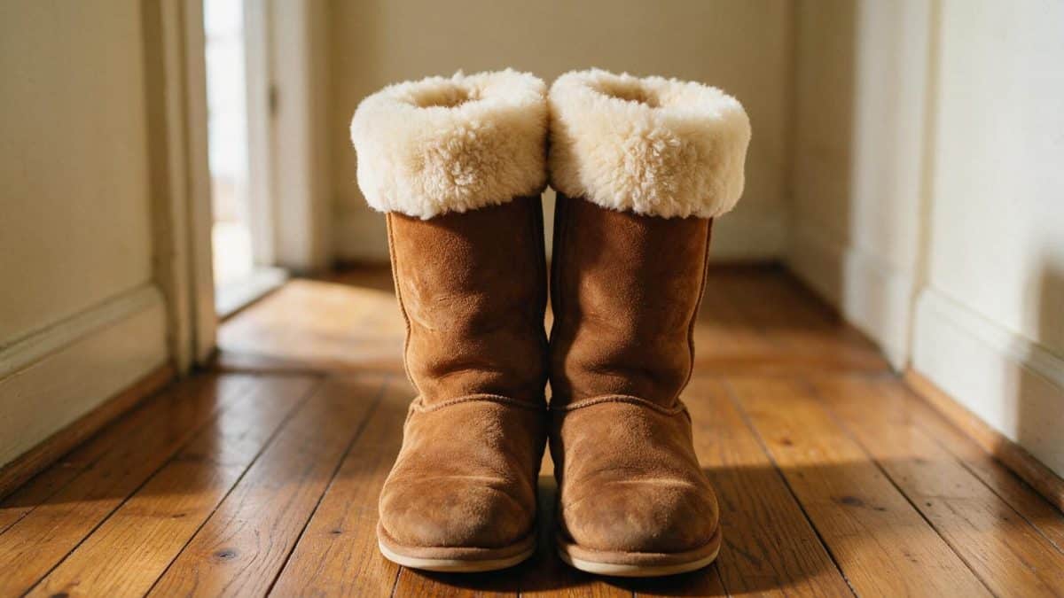 Pair of worn chestnut twinface sheepskin boots with cream fleece cuffs on an entryway floor