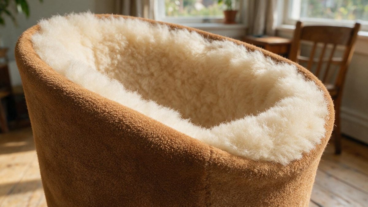 Close-up of a boot cuff where tan suede rolls into cream fleece with no seam