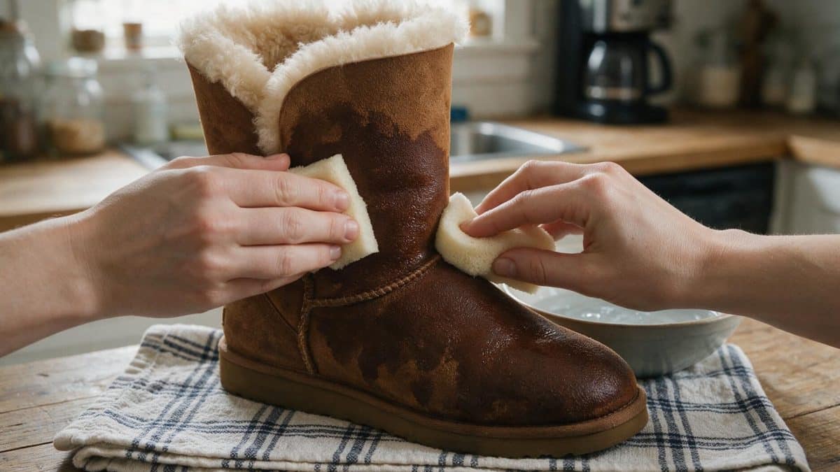 Two sponges damping the whole outer suede of a chestnut sheepskin boot with cold water