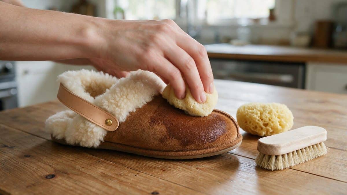 Hand moving a damp sponge over the suede upper of a sheepskin slipper on a table