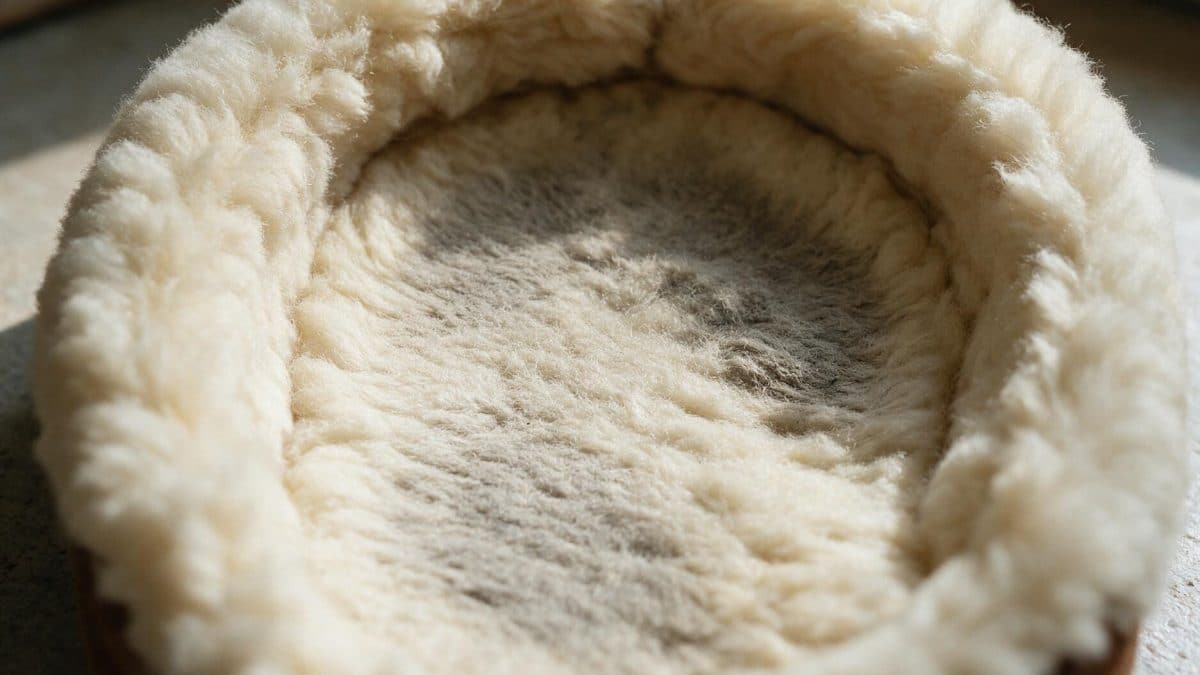 Cream wool footbed of a sheepskin slipper matted flat and greyed under heel and ball
