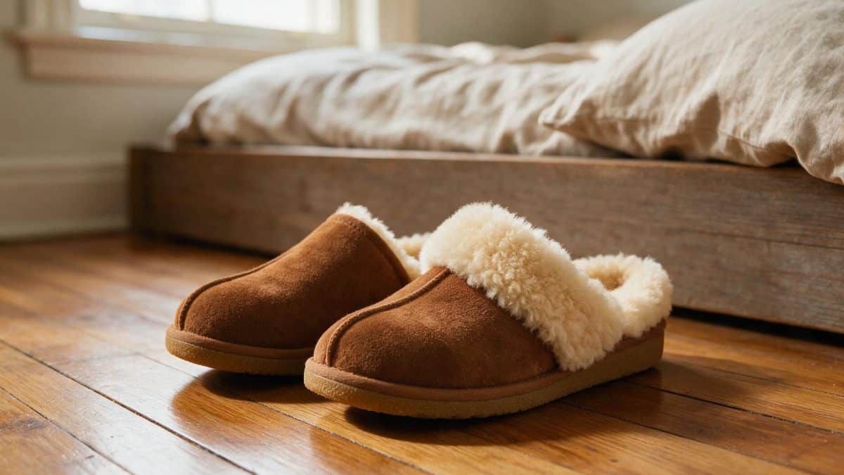 Pair of chestnut suede sheepskin slippers with cream wool collars on a hardwood bedroom floor