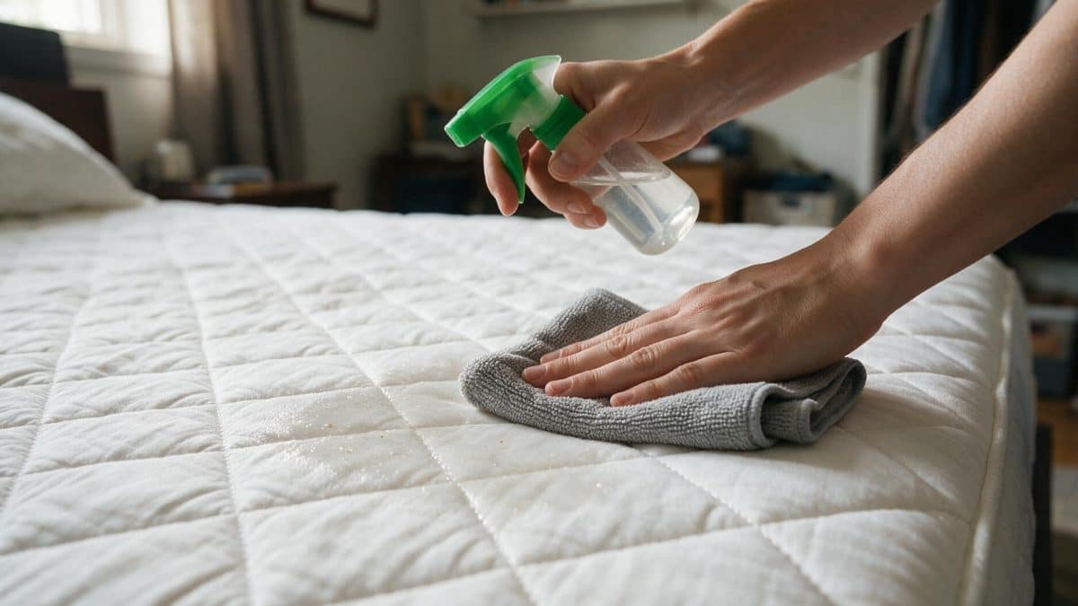 Two hands press a grey microfibre cloth onto a mattress beside a spray bottle