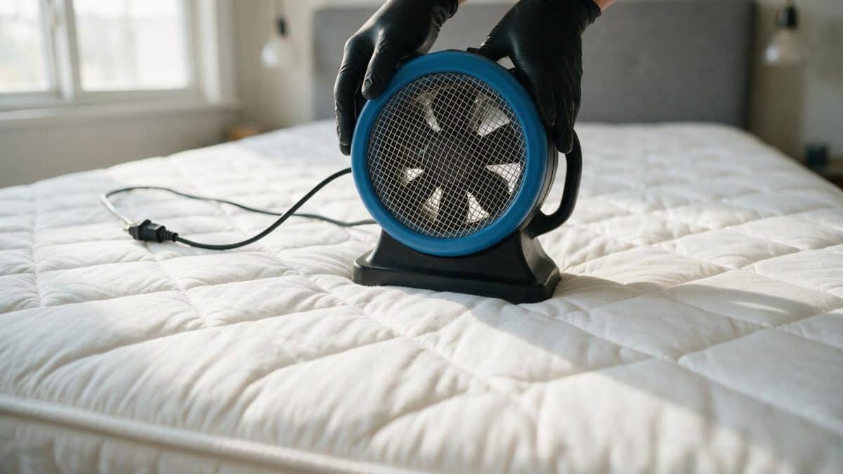 Gloved hands setting a blue blower fan down on a bare mattress in a bedroom
