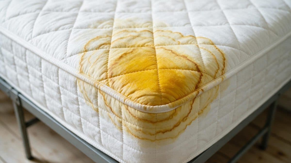 White mattress on a metal bed frame showing large yellow urine stains near the head
