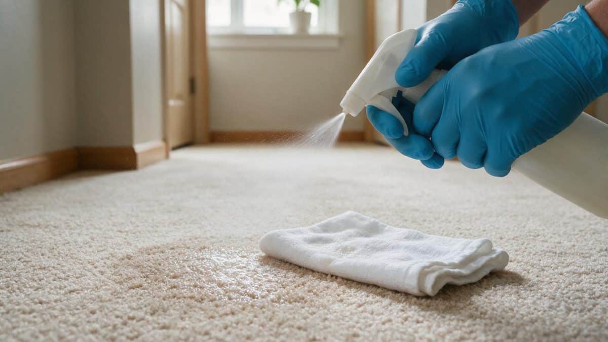 Gloved hands misting cold water onto wool carpet pile beside a folded white cotton cloth