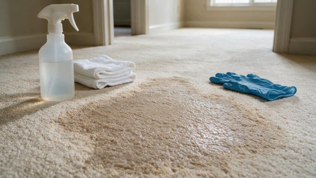 Damp discolored patch on pale beige wool carpet with spray bottle, white cloths and gloves