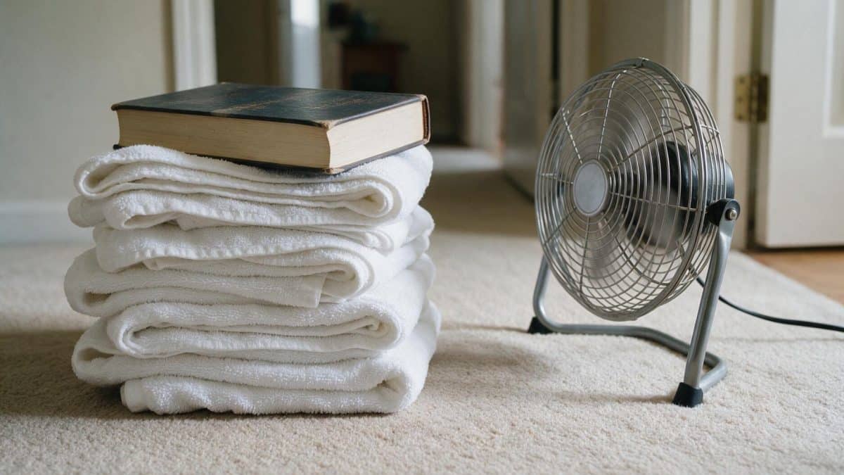 Dry white towels weighted by a heavy book on beige carpet, a floor fan alongside